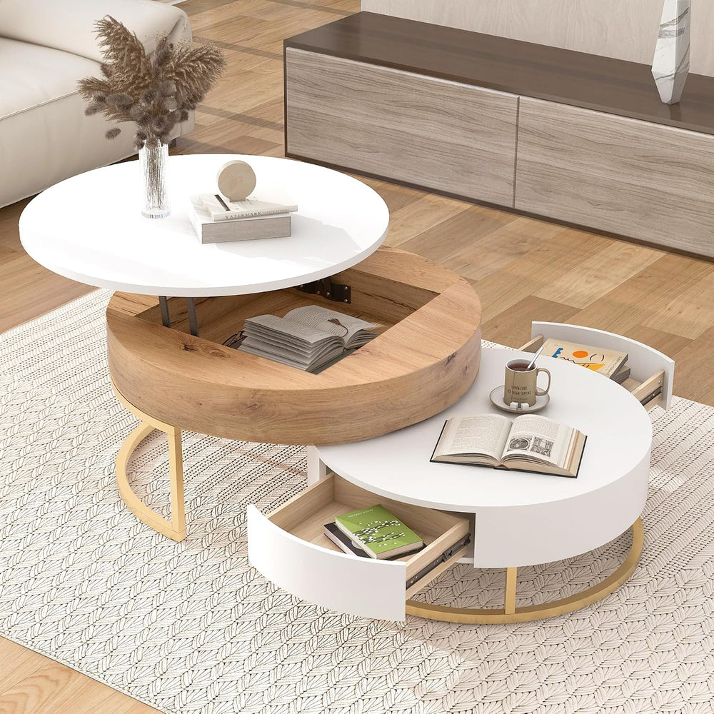Modern Round Lift-top Nesting Coffee Tables with 2 Drawers for Living Room Wh...