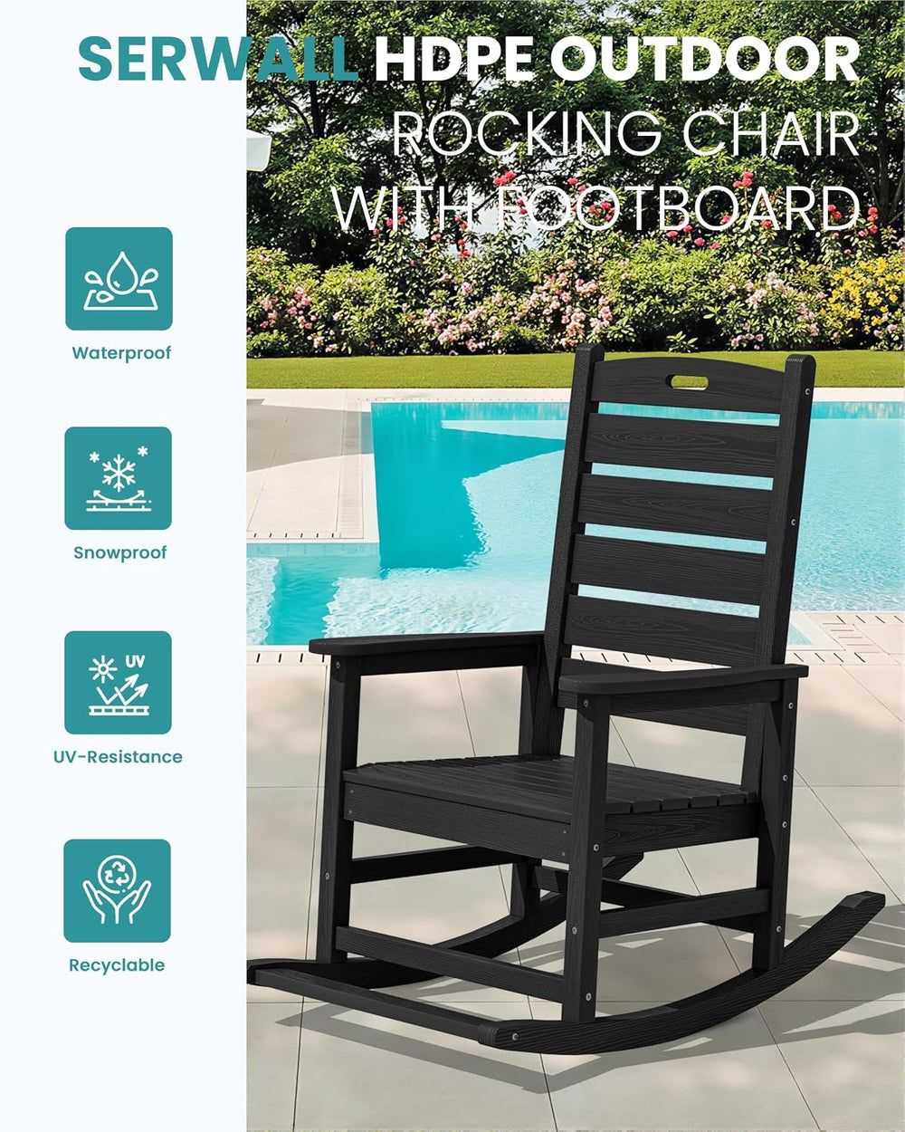 SERWALL Outdoor Rocking Chair Set of 2, Oversized HDPE Rocker, Black