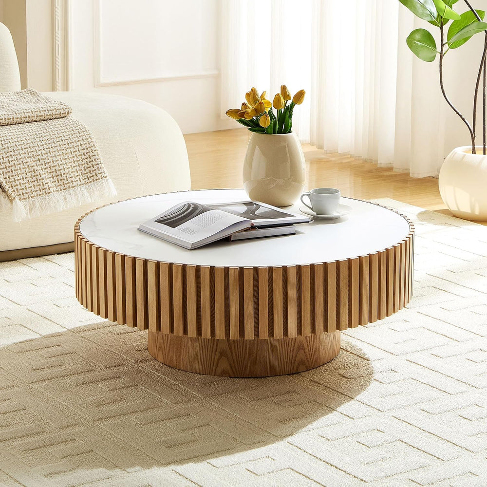 35.43" Oak Round Wood Coffee Tables with Faux Marble White Sintered Ston...