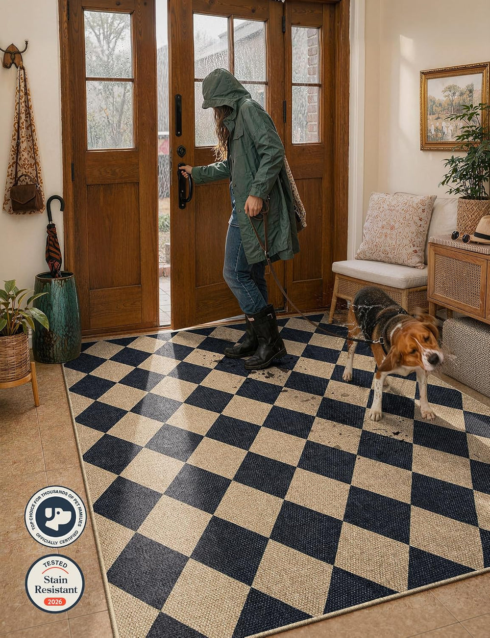 Lahome Checkered Easy Jute 5x7 Area Rugs, Washable Outdoor Patio Rug for Livi...