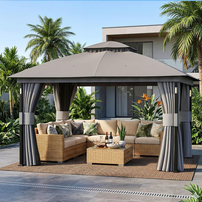 Covered Outdoor Patio Gazebo 11'x13' with LED Lights & Bluetooth Speaker