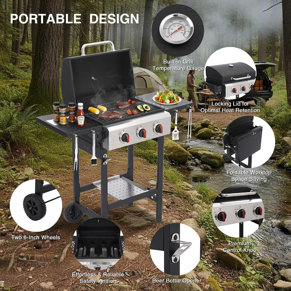 3-Burner Propane Gas Grill with Cast Iron Grates, 38200 BTU output,Foldable S...