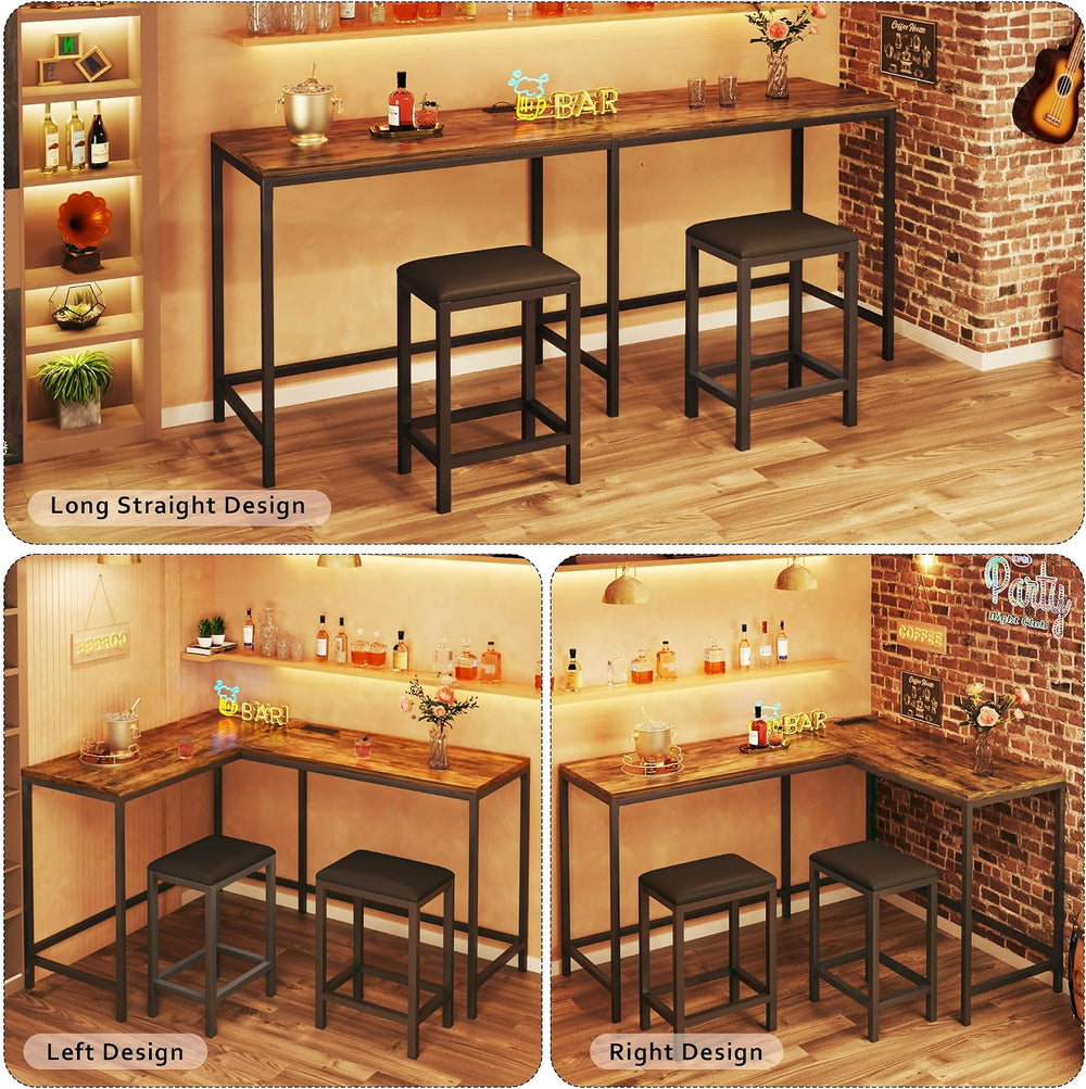 L Shaped Bar Table with Stools, 63‘’ Bar Height Table with Power Outlets, Con...