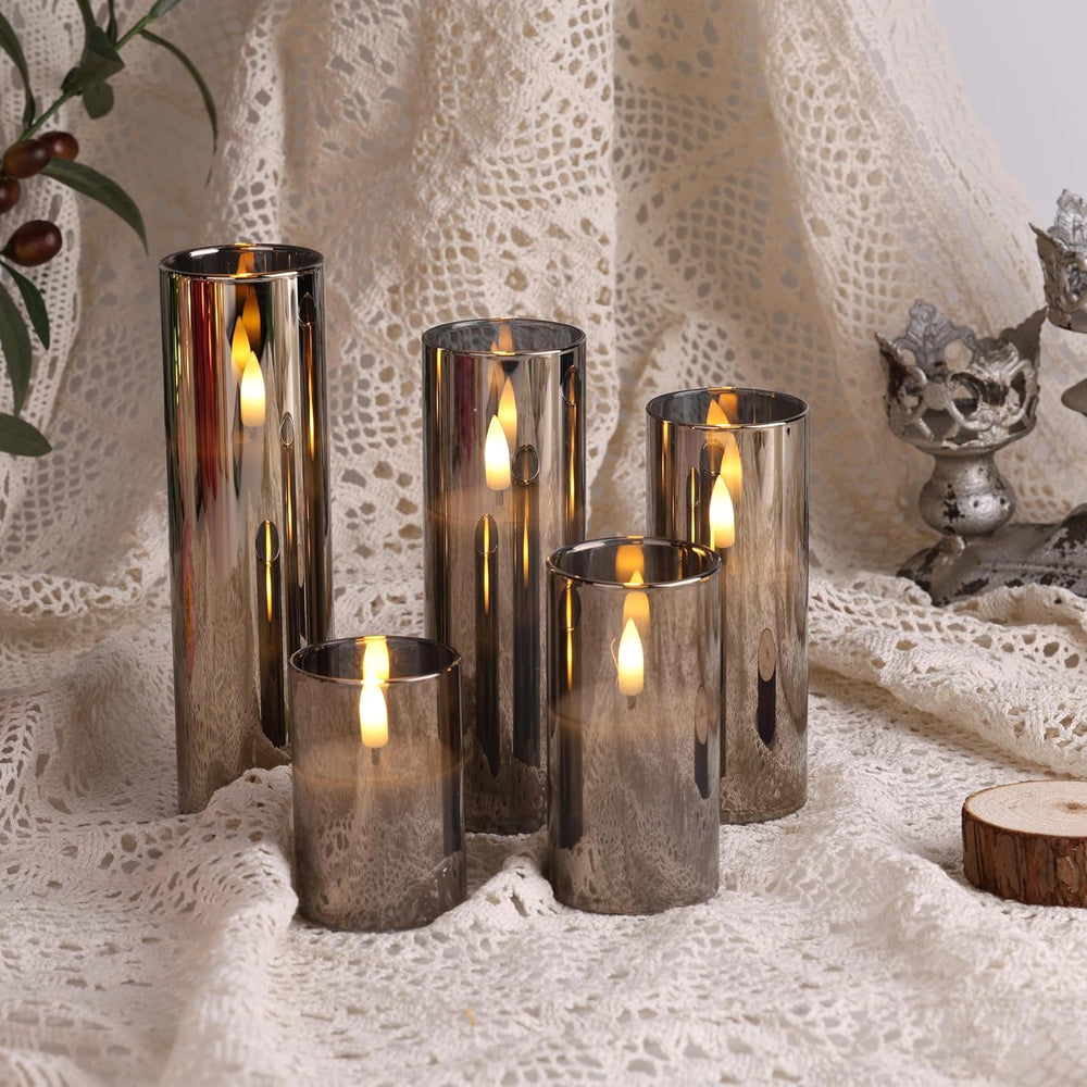 Eywamage Grey Glass Flameless Pillar Candles with Remote Batteries Set of 5