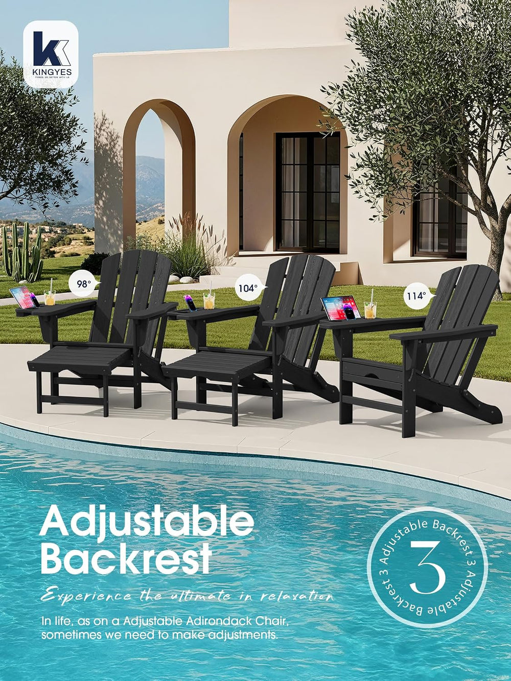 KINGYES Adjustable Folding Adirondack Chair with Footrest & 4-in-1 Multi-...