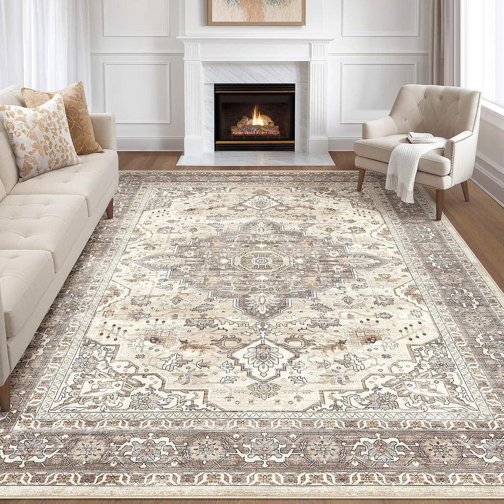 LOONGRUG 8x10 Area Rugs Washable Vintage Boho Living Room Rug Beige Brown