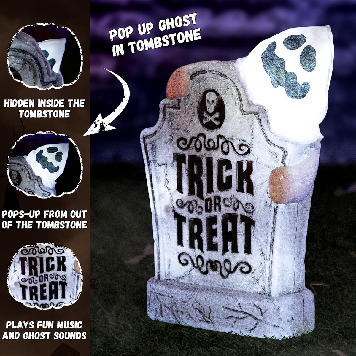 ELAMAS Halloween Decorations Animatronic Tombstone with Pop-Up Ghost, Sound & Motion Sensor Activated Haunted Graveyard Prop, Trick or Treat Cemetery Yard Sign for Indoor Outdoor Halloween Decor