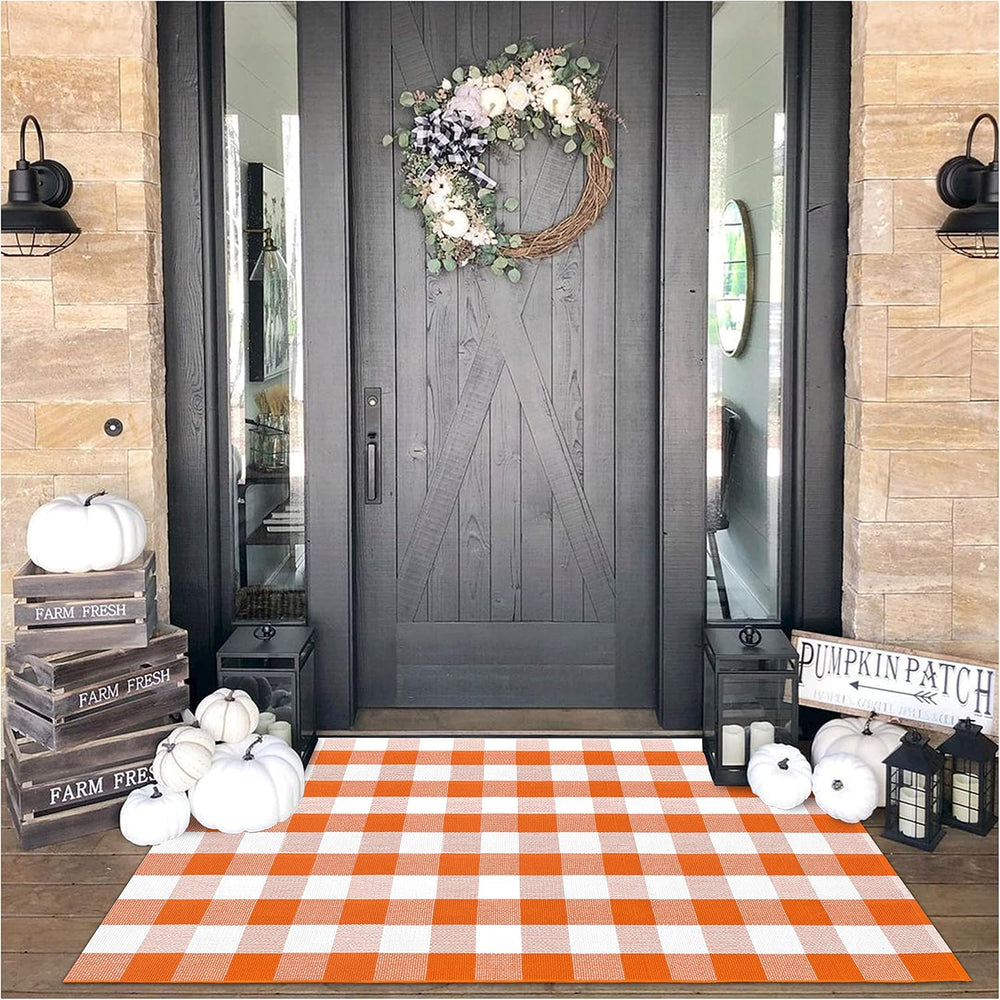 KILOCOCO 4'x6' Fall Orange White Buffalo Plaid Rug Halloween Front Do...