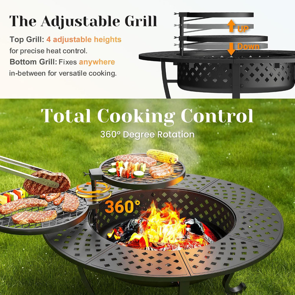 43" Fire Pit for Outside Wood Burning, 3 in 1 Firepit with 2 Grills
