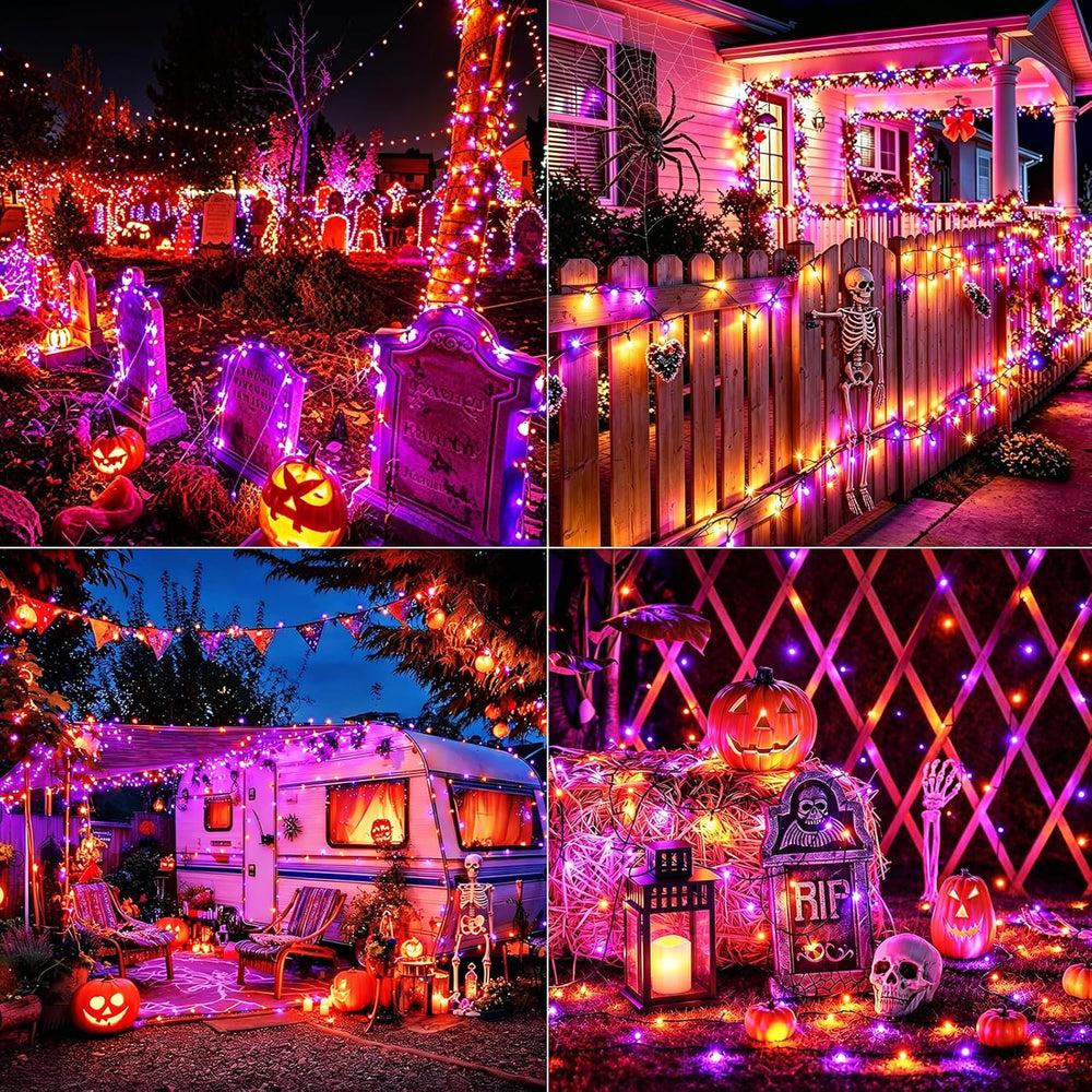 Jedavai 6Pack 240FT 600 LED Solar Halloween String Lights, Orange & Purpl...