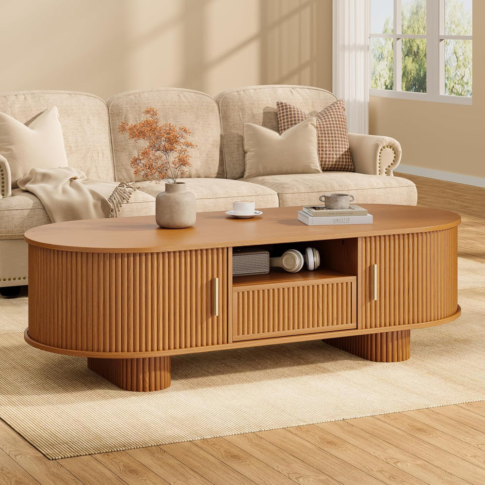 55.1" Oval Coffee Tables with Storage,Fluted Mid Century Modern Center T...