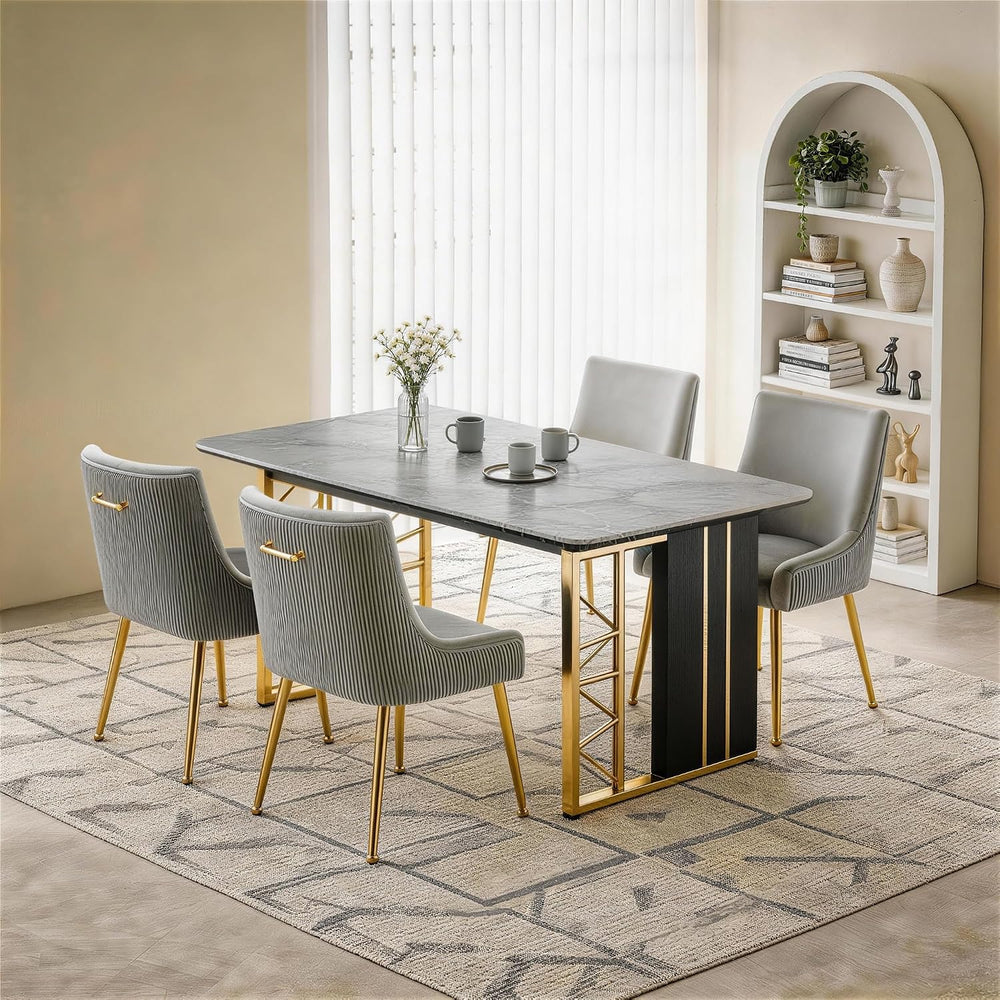 Upholstered Modern Grey Velvet Dining Chairs Set of 4 with Gold Metal Legs