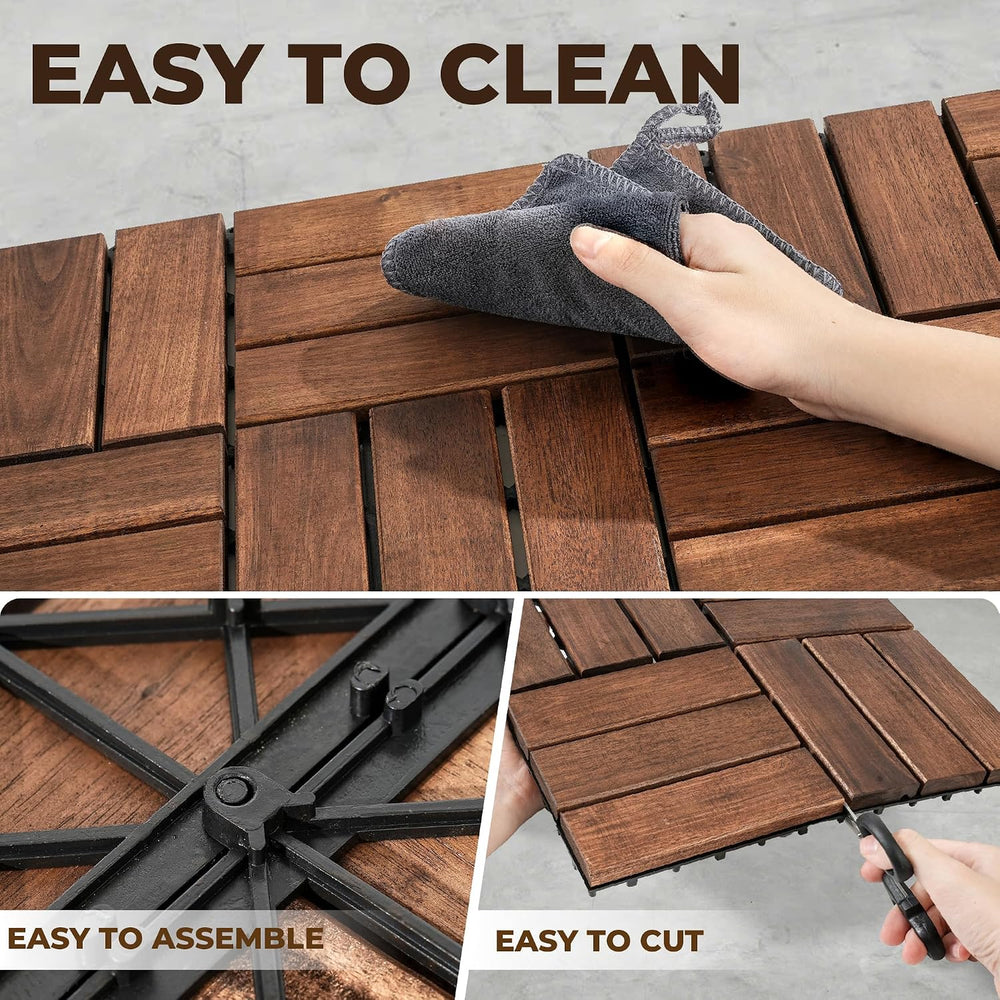 Interlocking Deck Tiles, 10 PCS 12" x 12" Acacia Wood, Dark Brown