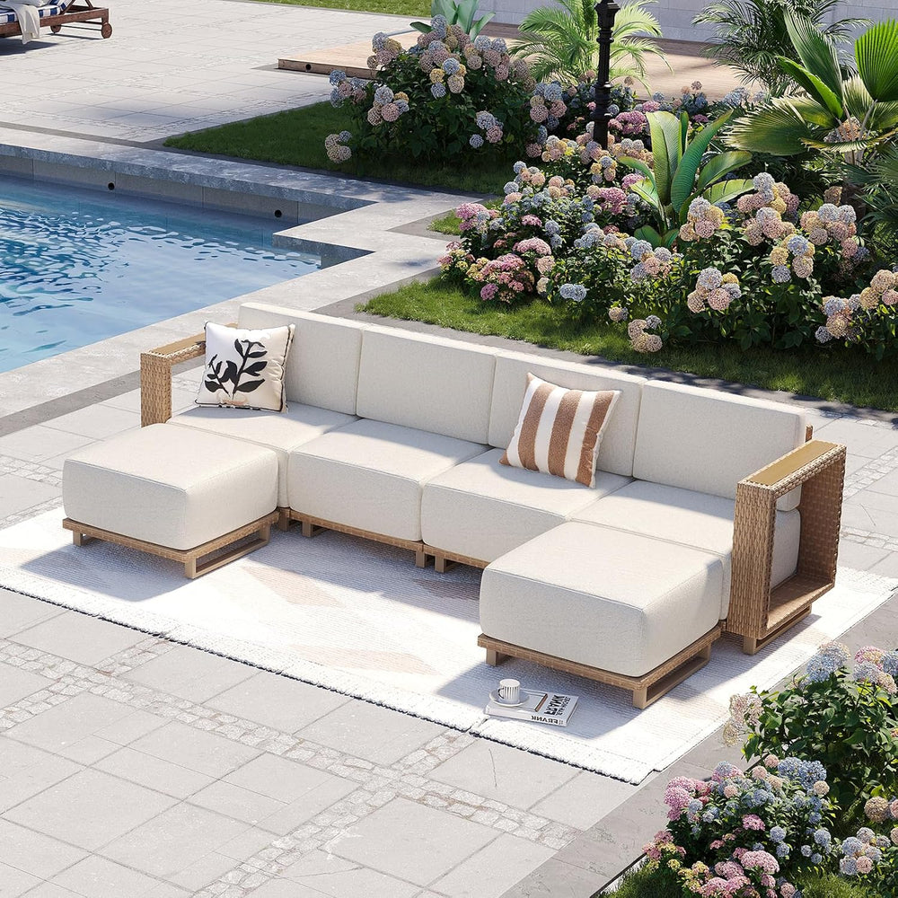 Aoxun Patio Furniture Set, 6 Piece Outdoor Wicker Sofa, Yellow/Beige