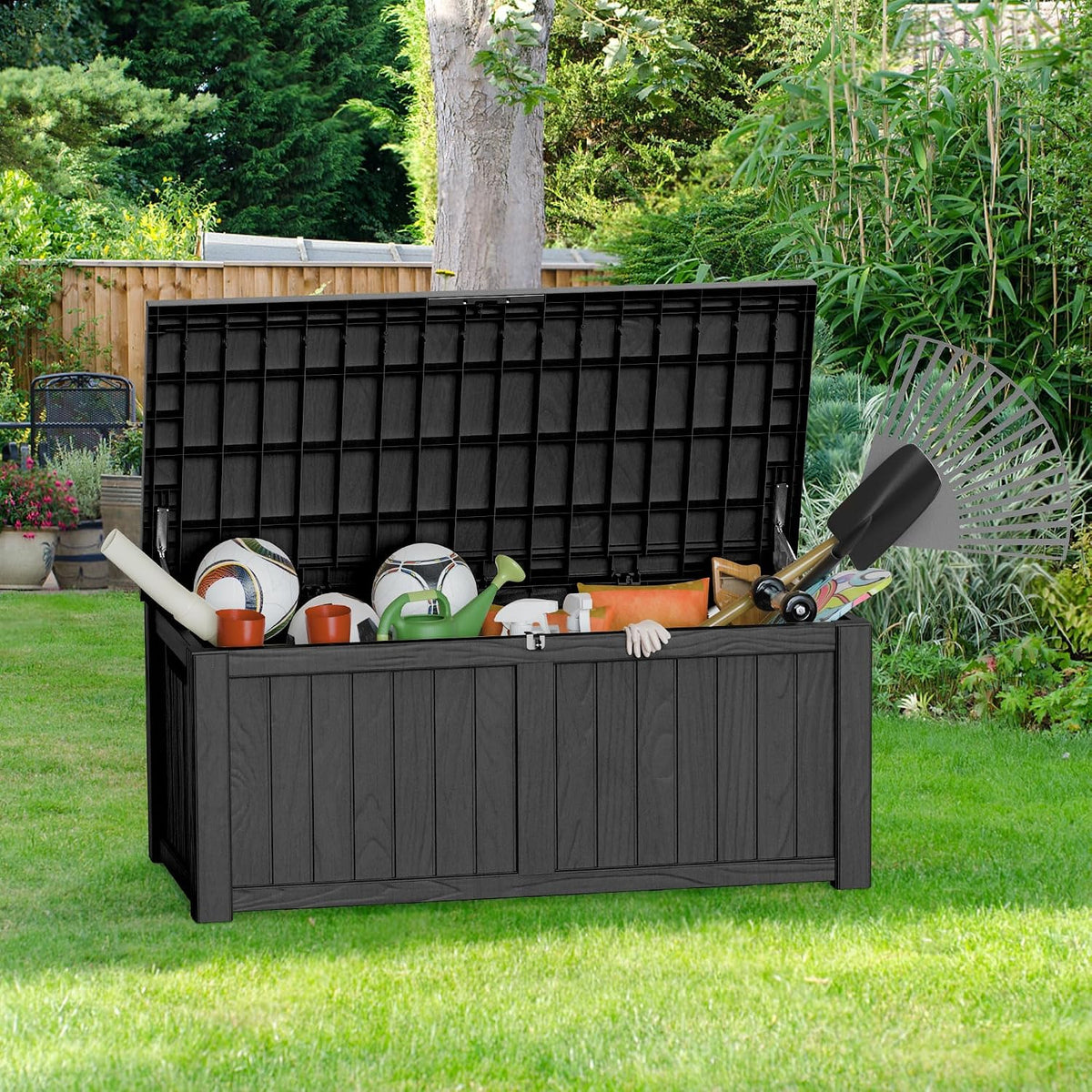 150 gallon outdoor storage box, large storage deck, side view