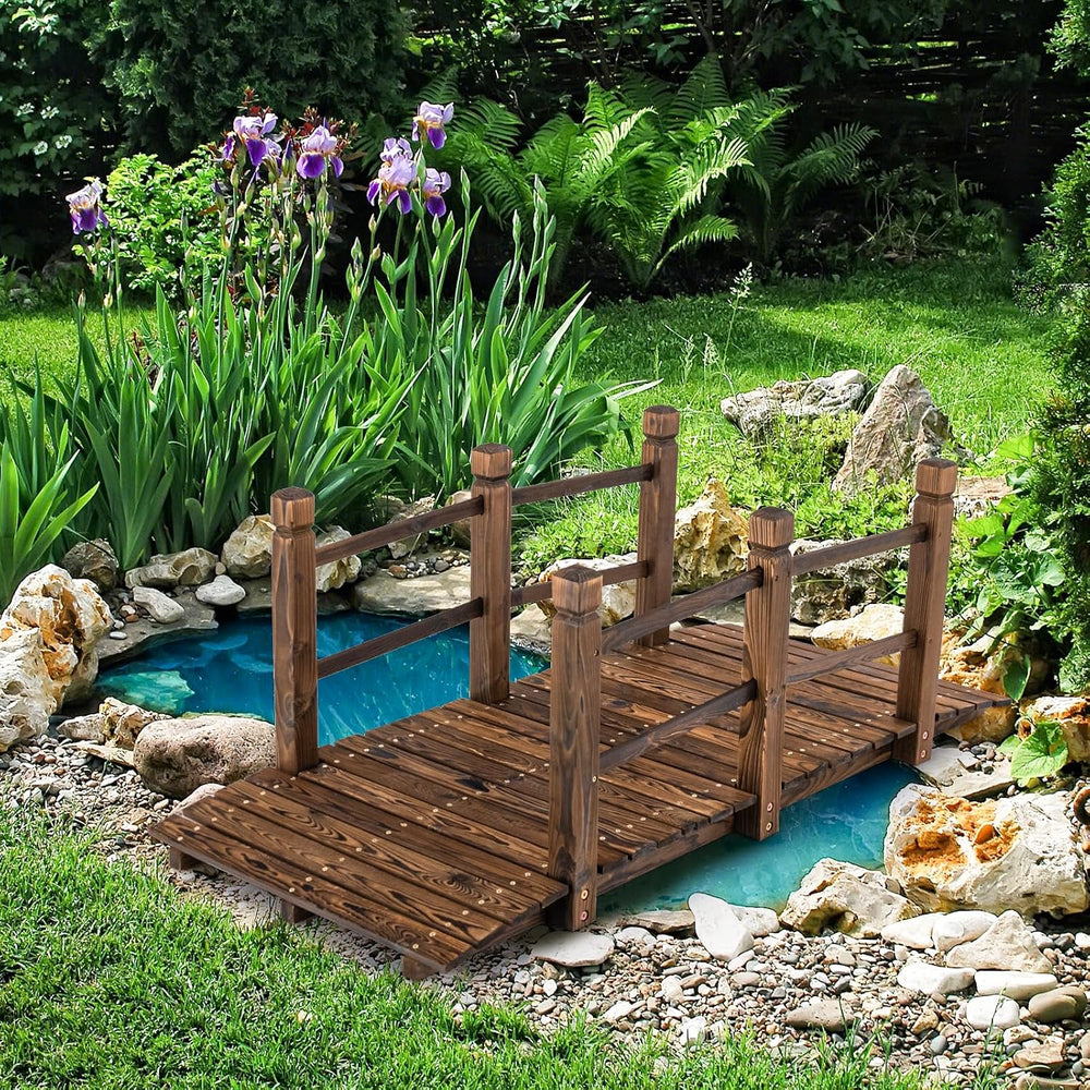 Tangkula 5 FT Wooden Garden Bridge, Arch Stained Finish Footbridge with Doubl...