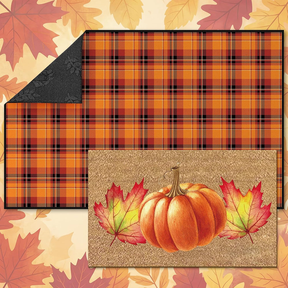 Fourluoo 2 Pcs Fall Door Mat Set Buffalo Plaid Pumpkin Decor