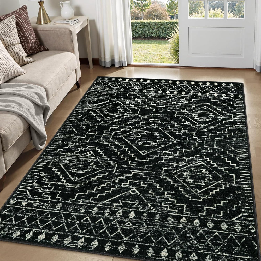 Wonnitar Moroccan Washable Area Rug 5x7, Black Large Rug for Living Room, Non...