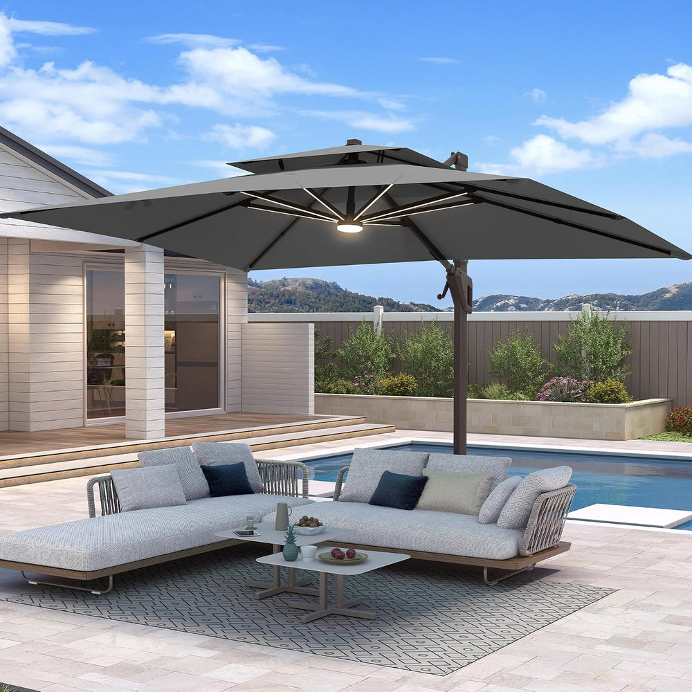 10 X 13 FT Cantilever Patio Umbrella with Base & Lights