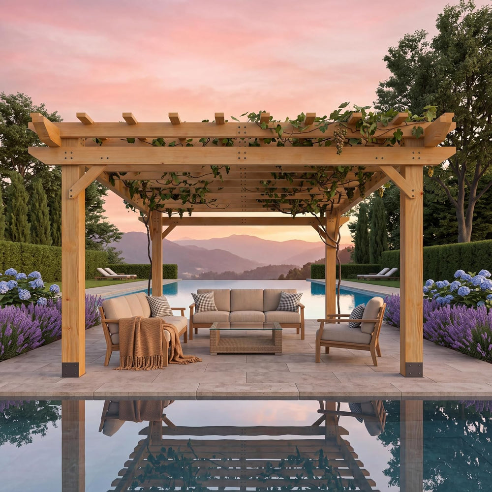 Aoxun Cedar Wood Pergola 10x12, Multi-Level Trellis Roof,100MPH Wind Rating