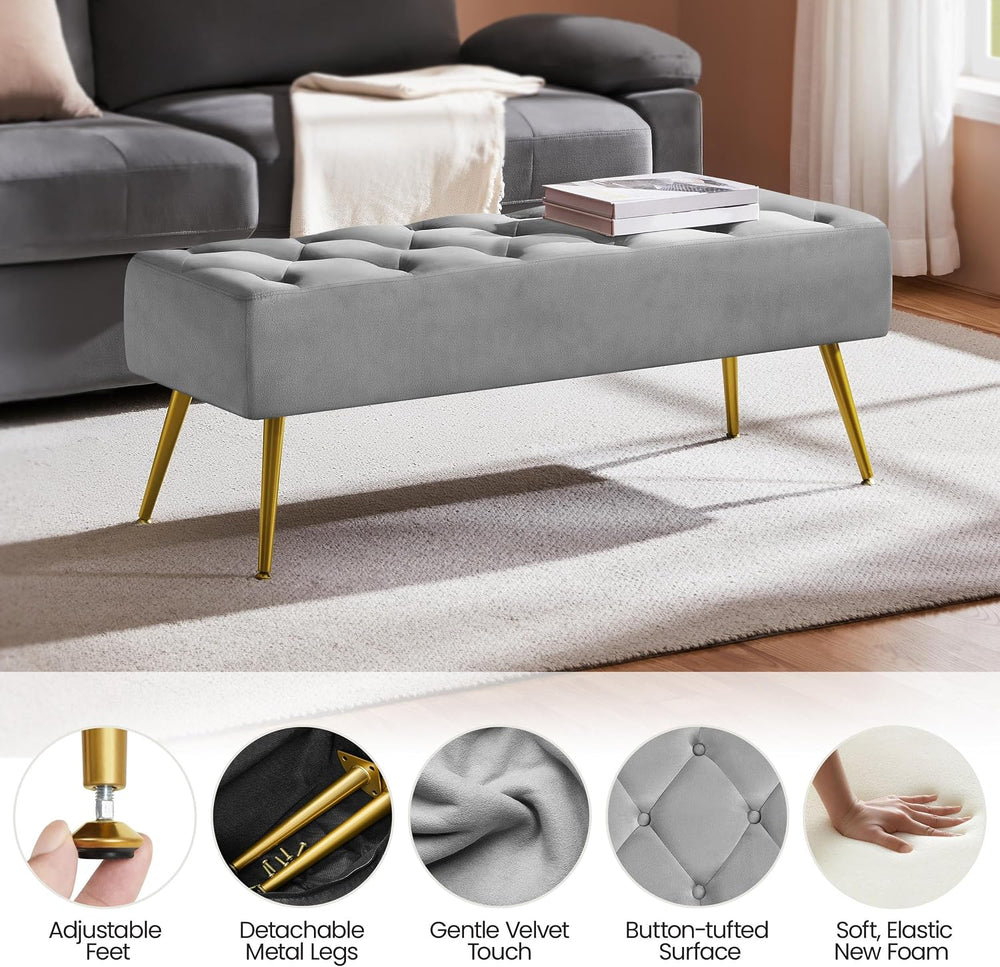 Yaheetech 45in Upholstered Velvet Ottoman Bench Seat with Gold Legs, Gray