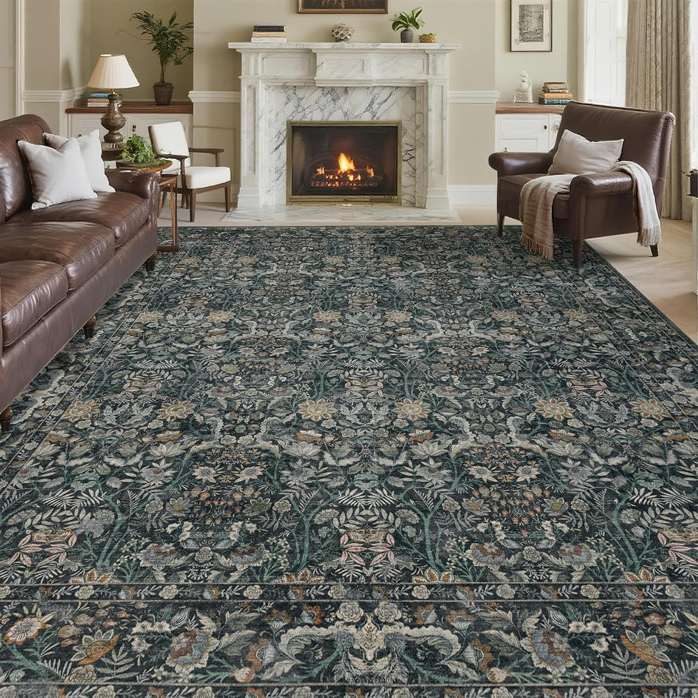 Vintage Botanical Area Rug 9x12: Floral Carpet Non-Slip - Dark Green