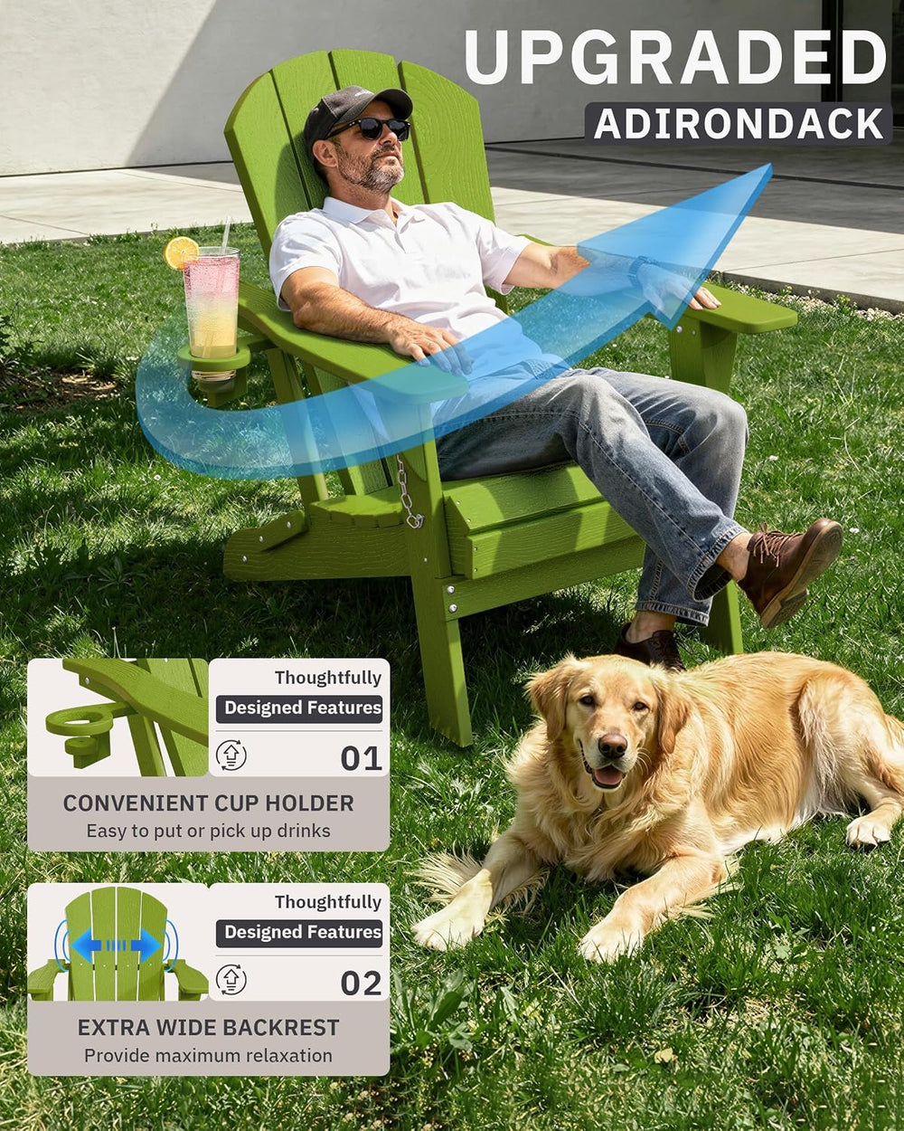 AreShark HDPE Folding Adirondack Chair with Cup Holder, Green