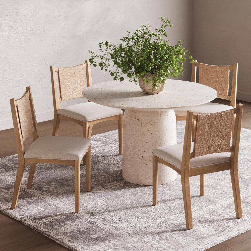 Nathan James Elodia Upholstered Dining Chair with Seagrass Back Solid Wood Mo...