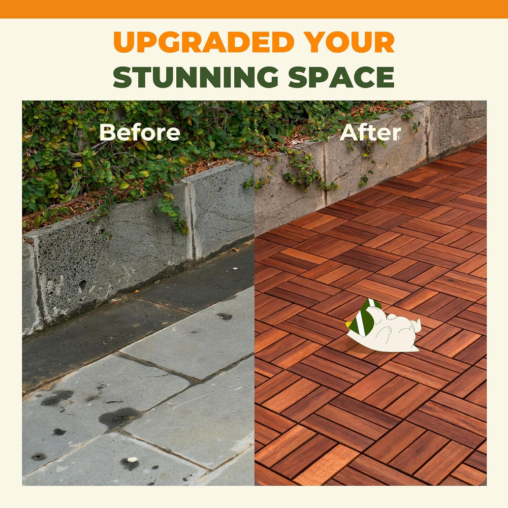 Jurax Interlocking Wood Deck Tiles, 10Pcs Patio Flooring, Red Oak