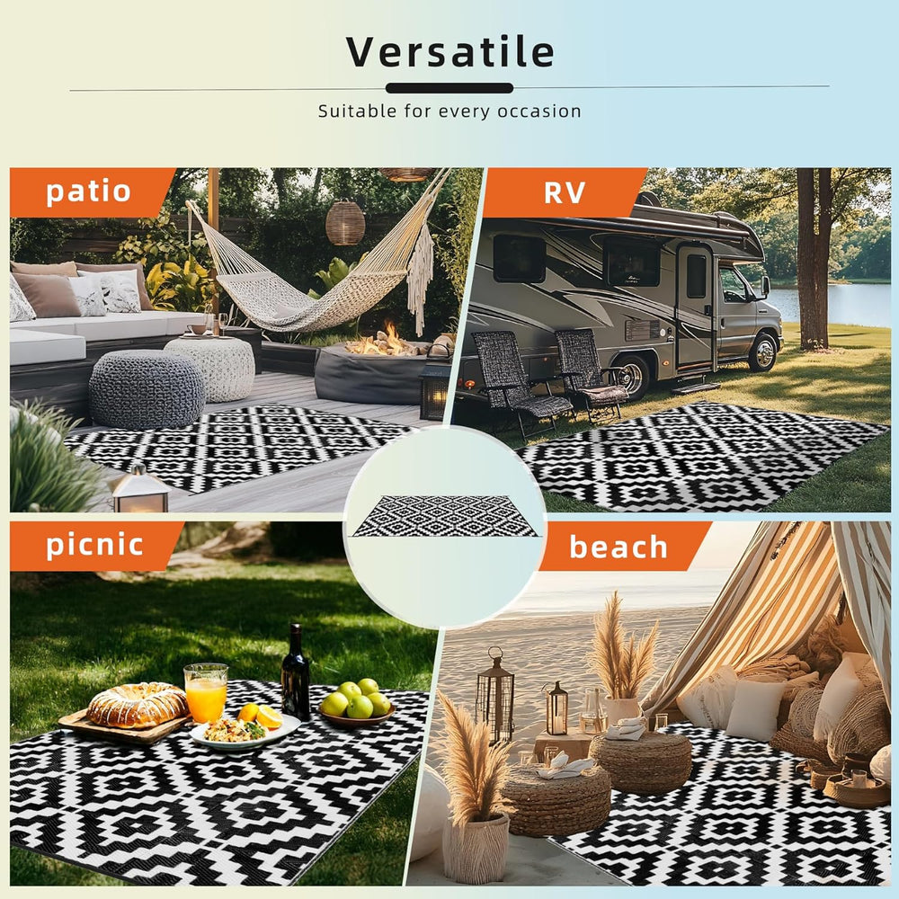 Favoyard Outdoor Rug Black & White 9x12 ft Waterproof Reversible Carpet Mat