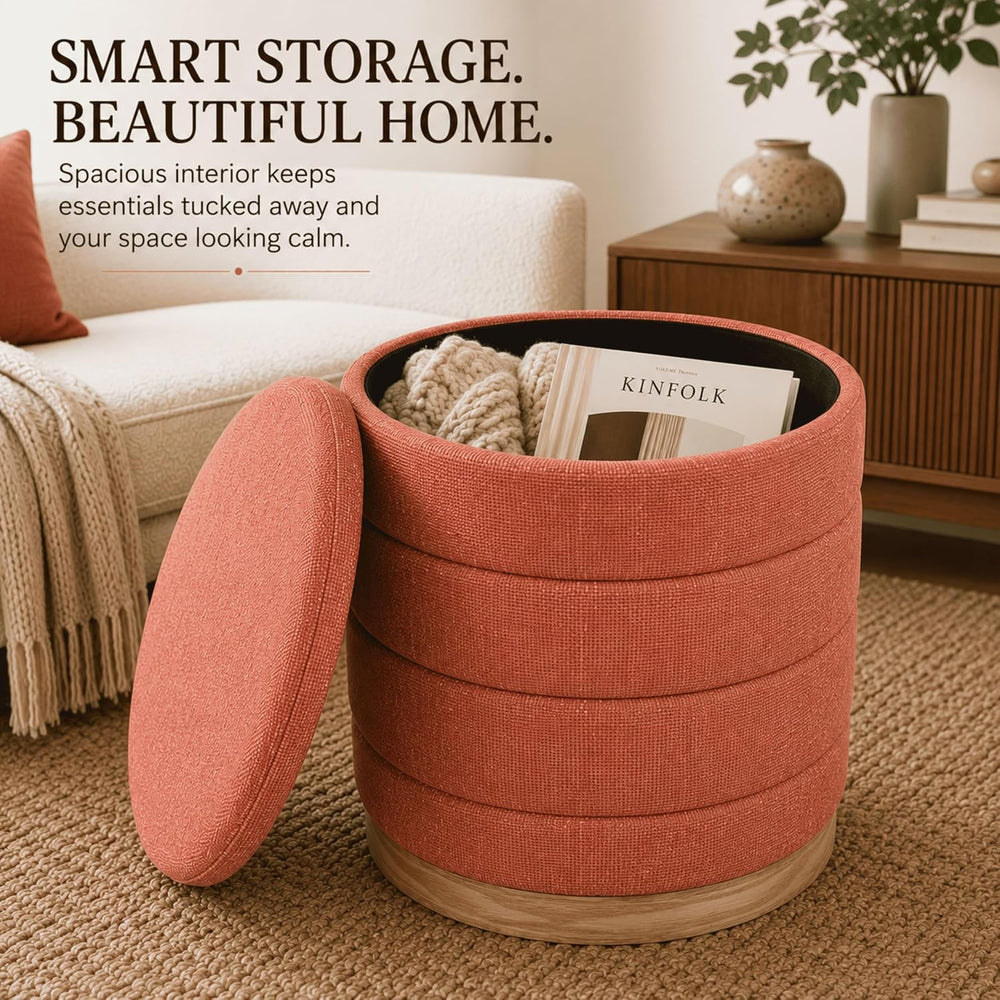 Linen Storage Ottoman Round Footrest with Hidden Storage, Coral Orange 16&quo...