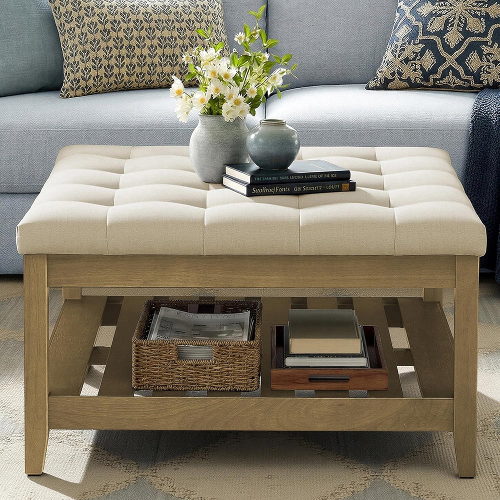 SONGMICS Storage Ottoman with Solid Wood Frame, 31.5 x 31.5 x 17.7 Inches