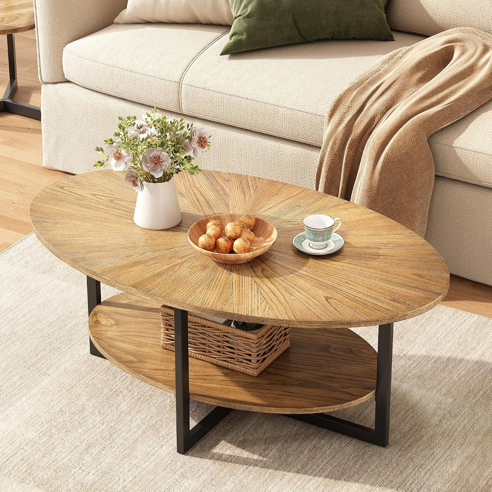 Wood Oval Coffee Table with Storage Shelf, 2-Tier, Rustic Nature
