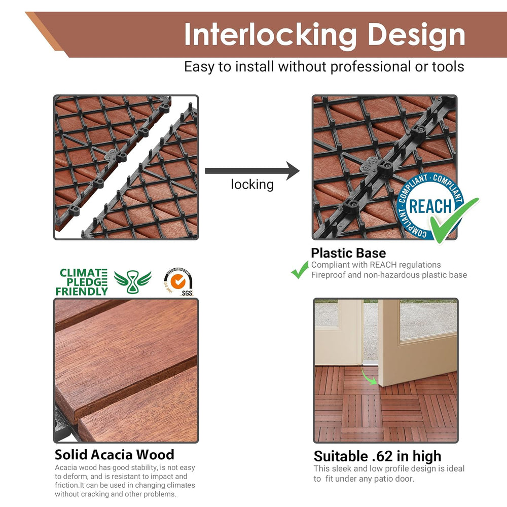 PrimeZone 54 PCS Solid Acacia Wood Interlocking Patio Deck Tiles Outdoor