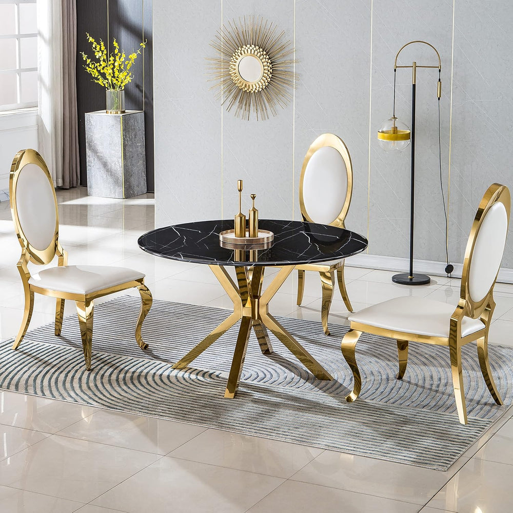 SSLine Modern Luxury White Faux Leather Dining Chairs Set of 4 Gold Legs