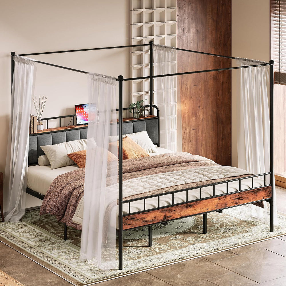 LIKIMIO King Canopy Bed Frame, Storage Headboard with Charging Station