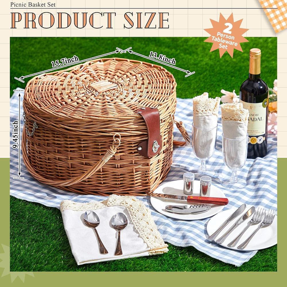Willinglong Heart Picnic Basket with 2 Person Tableware Set Wicker Picnic Bas...