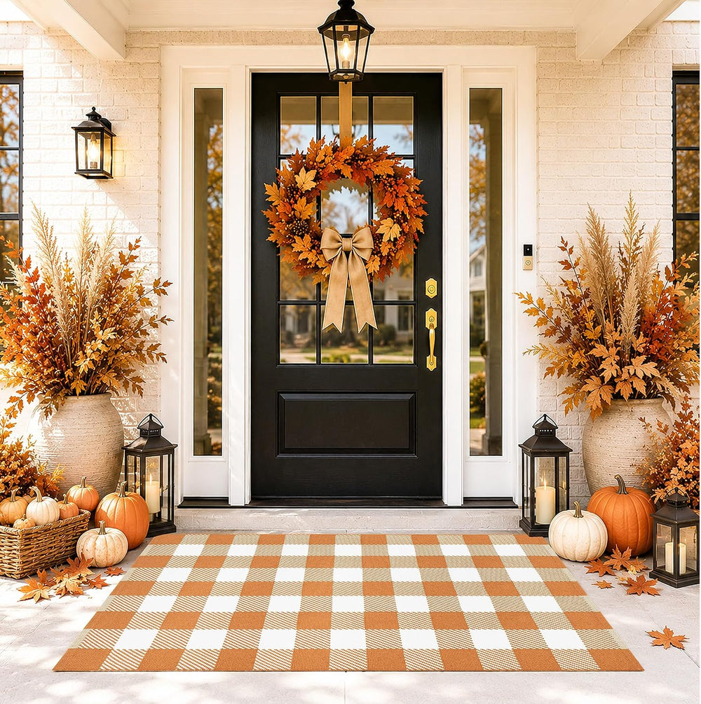 Fall Door Mat Caramel and White Buffalo Plaid Rug 3’x 5’, Washable Layering R...