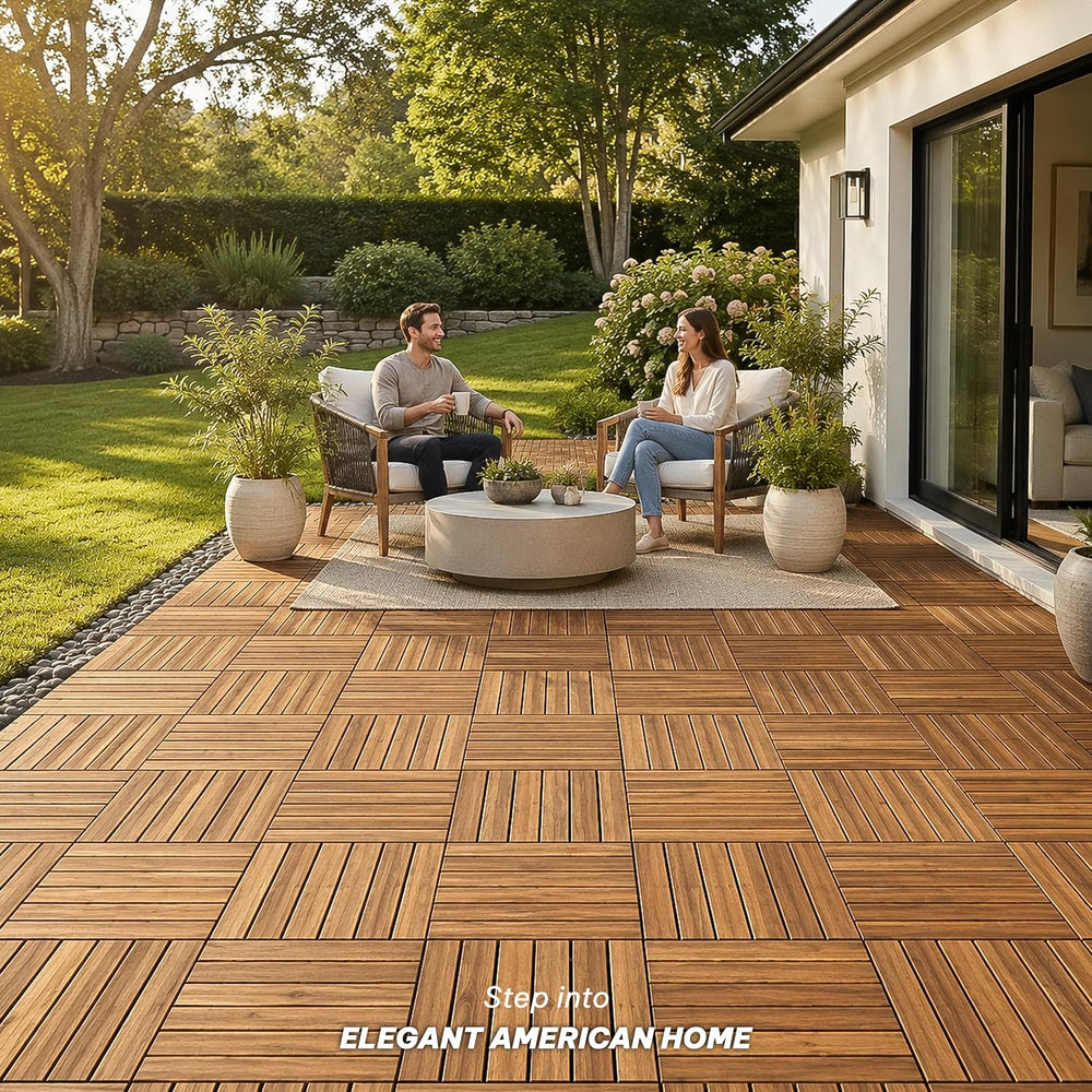 Acacia Interlocking Deck Tiles, 10 PCS Wood Flooring, 6 Slats, Honey Oak