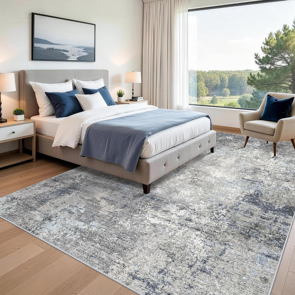 10x14 Area Rug for Living Room, Washable Modern Abstract Rug, Blue Grey