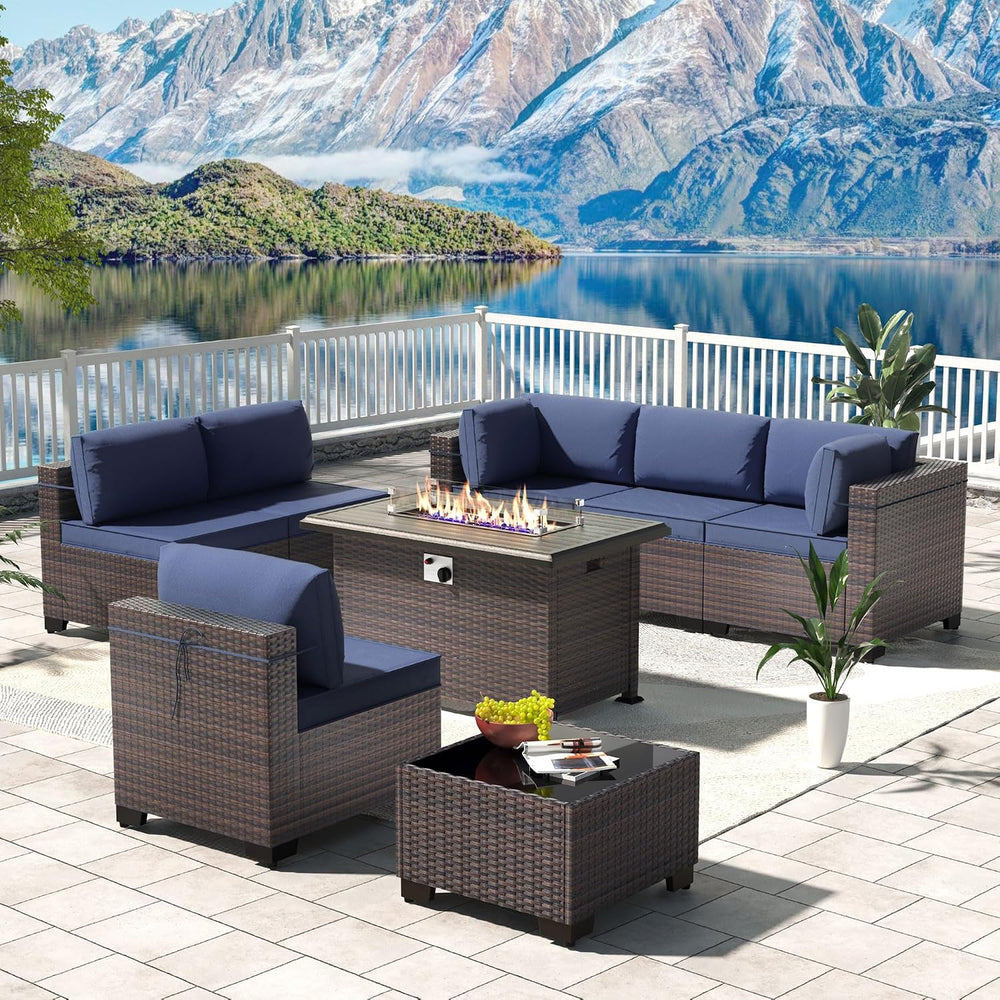 Kullavik 8 Piece Outdoor Wicker Patio Furniture Set with Fire Pit Table