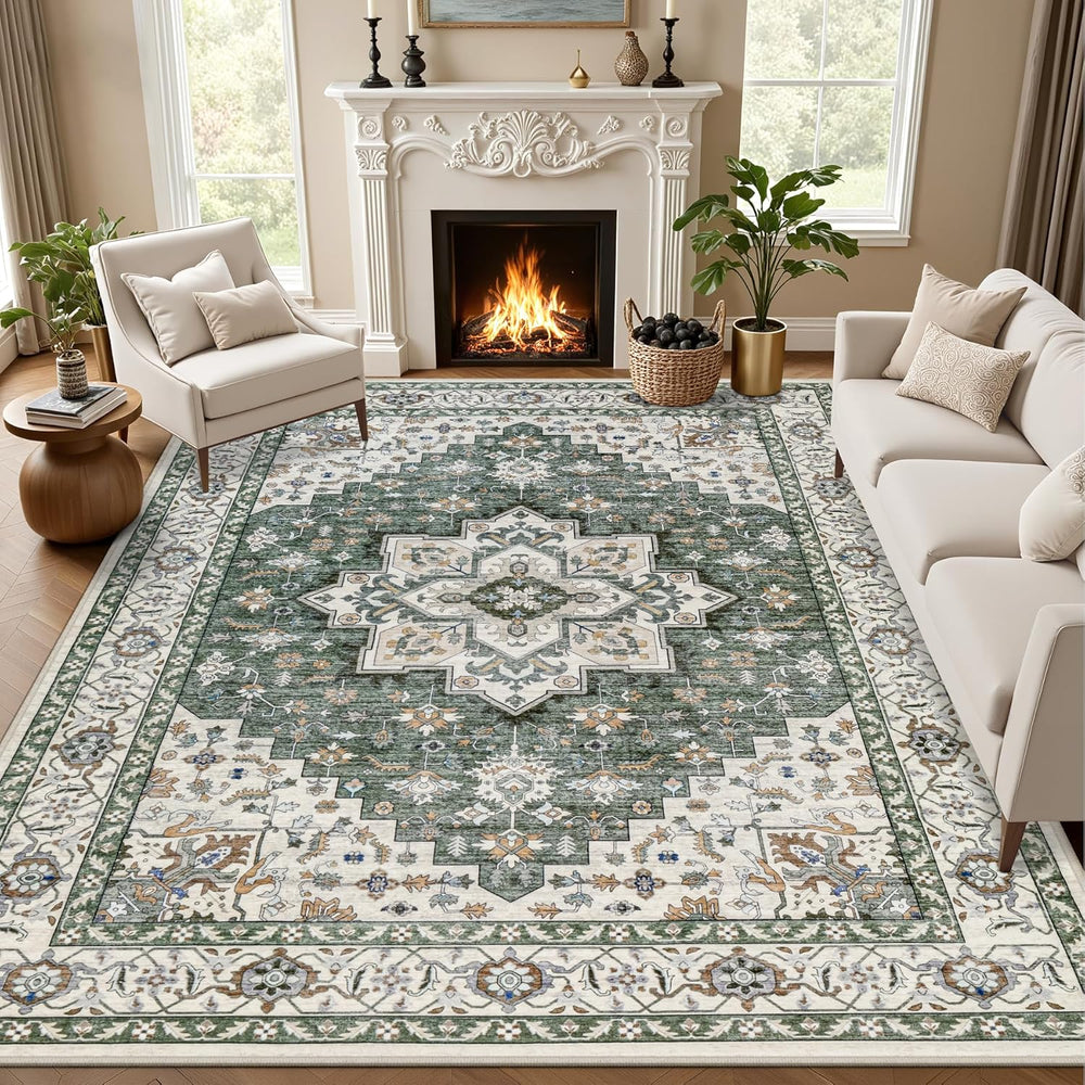 10x14 Area Rugs Living Room: Washable Rug for Bedroom Green Ivory