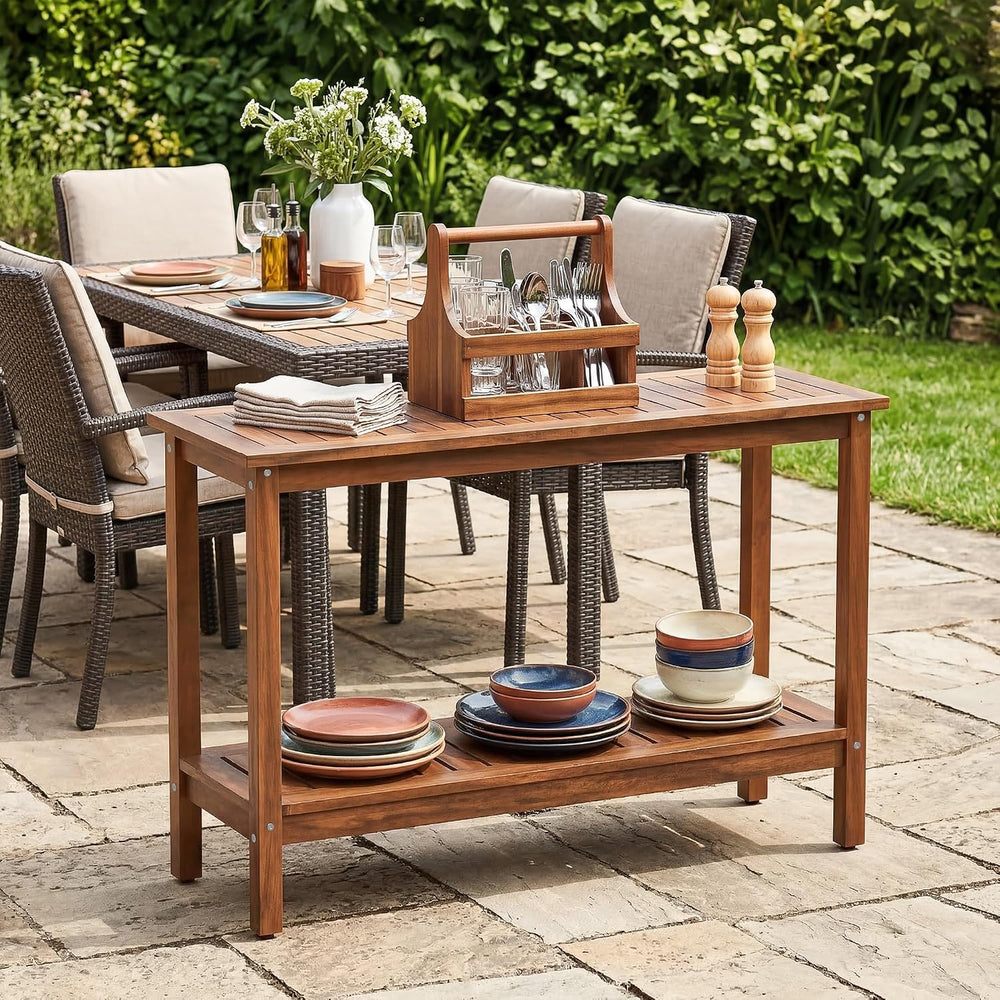 SUPER DEAL 2-Tier Solid Wood Side Table, Outdoor Console Table with Storage S...