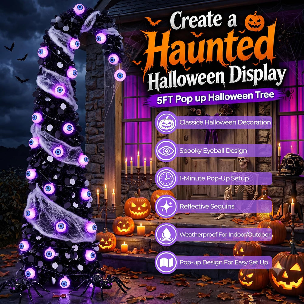 5FT Pop Up Halloween Tree with 35 Purple Eyeball Lights & Spider Web