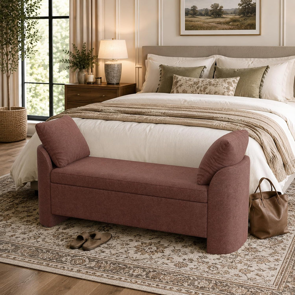 Usaint 58.3" Upholstered Storage Ottoman Bench with 2 Pillows, Rusty Red