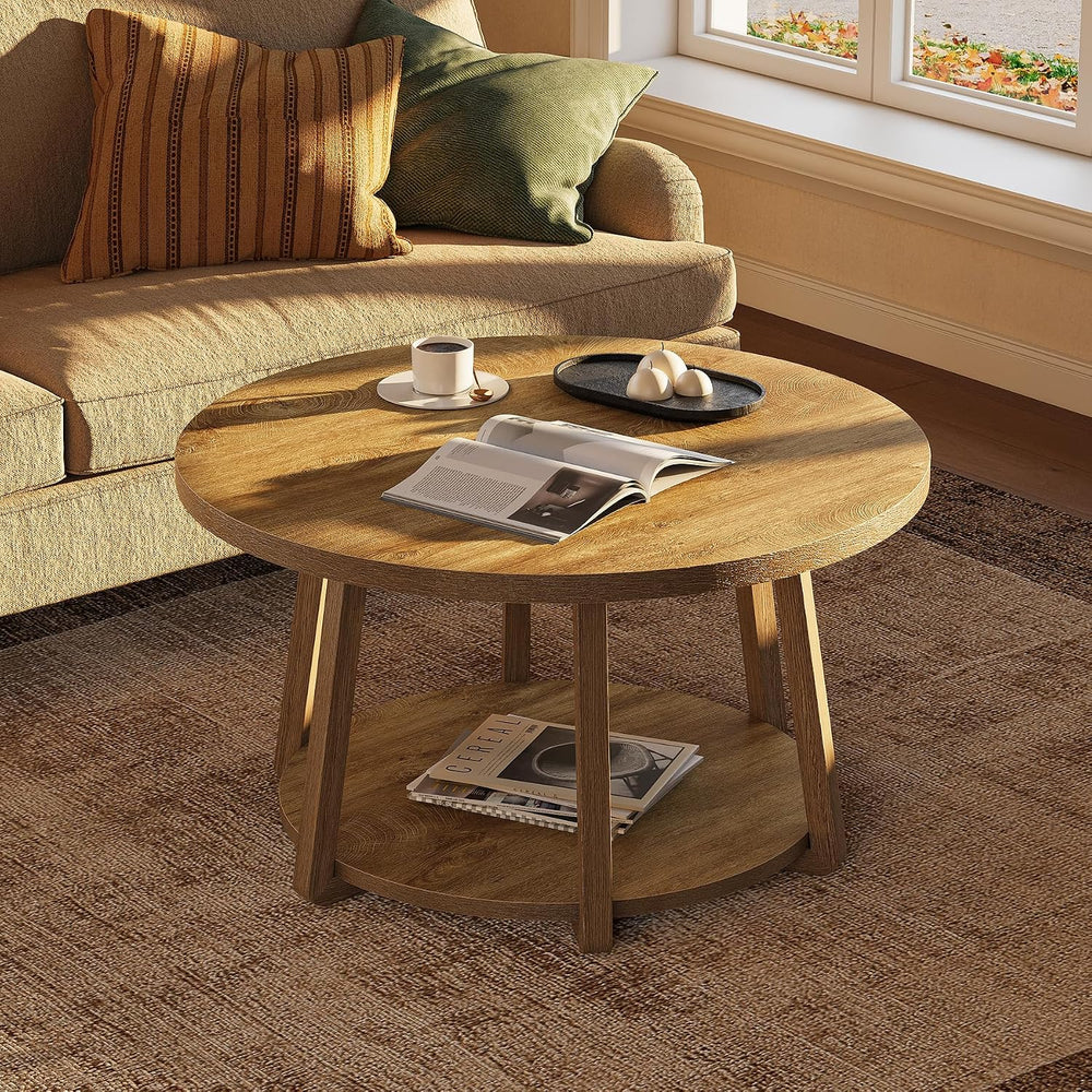 LITTLE TREE Round Coffee Table, 2-Tier Center Table with Storage