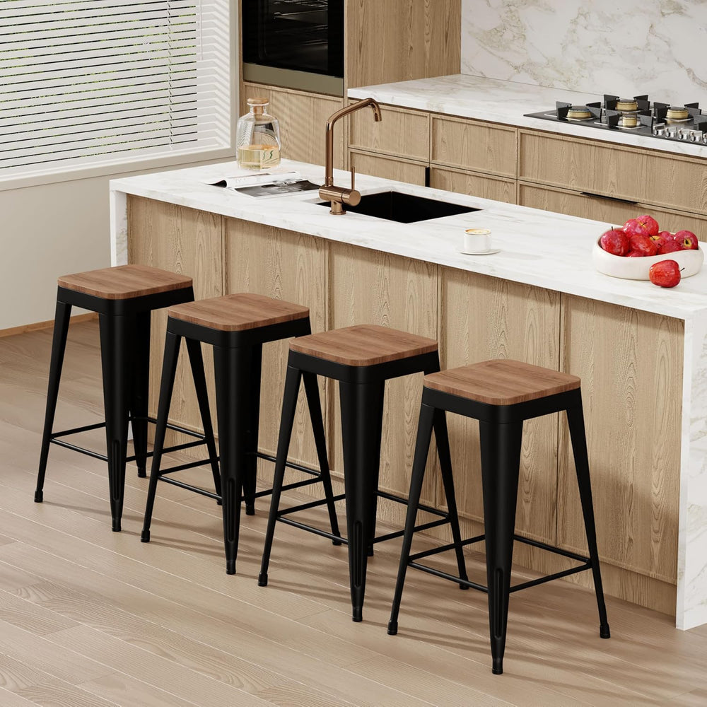 24" Metal Bar Stools Set of 4 Black Counter Height Stools with Wood Seat...