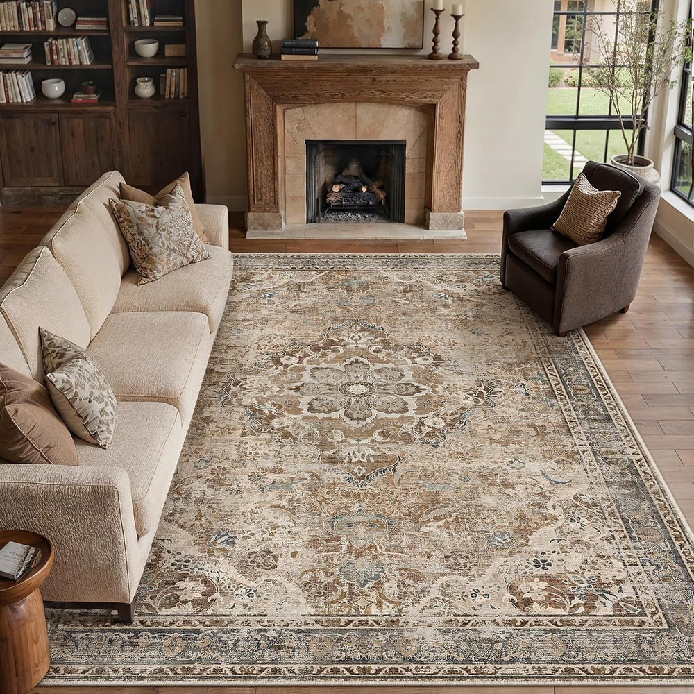 PureCozy Brown Area Rug 8x10 Living Room Vintage Floral Non-Slip Carpet