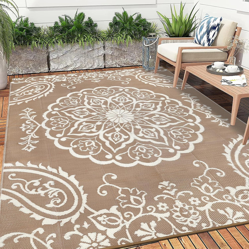 Pauwer Outdoor Rug 8x10, Waterproof Plastic Straw Camping Rug, Boho Brown