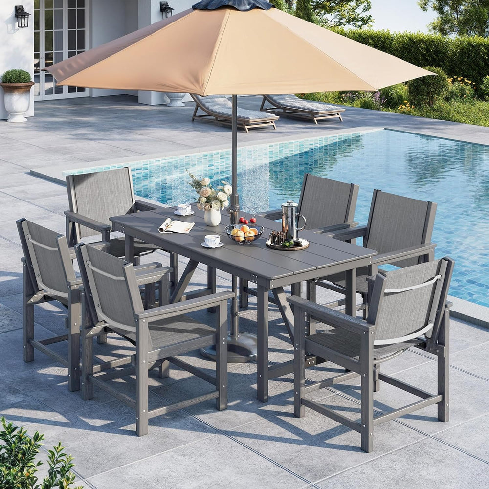 7 Pcs HDPE Outdoor Dining Set for 6 Patio Umbrella Hole Table and Chair Set